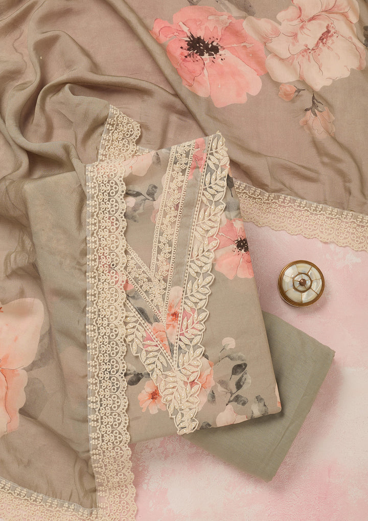 Light Grey Crepe Floral Threadwork Unstitched Dress Material With Matching Bottom And Dupatta