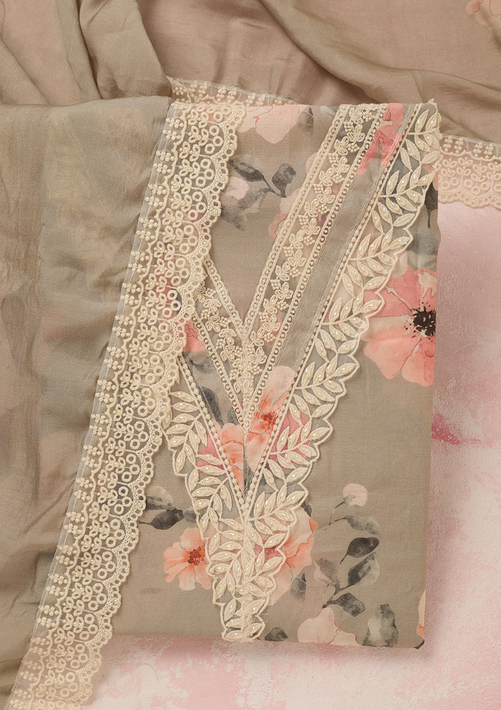 Light Grey Crepe Floral Threadwork Unstitched Dress Material With Matching Bottom And Dupatta