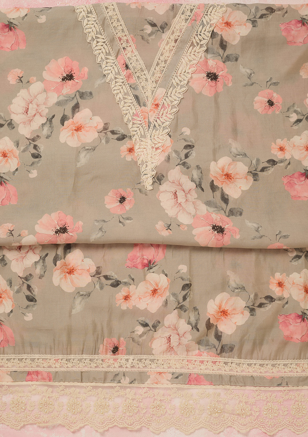 Light Grey Crepe Floral Threadwork Unstitched Dress Material With Matching Bottom And Dupatta