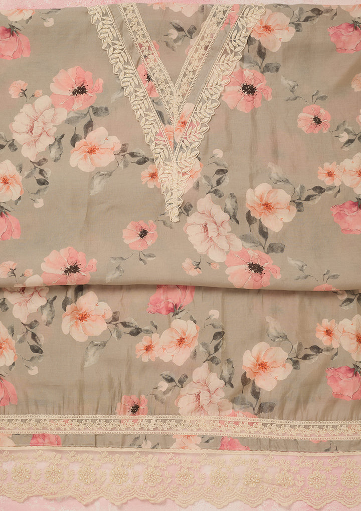 Light Grey Crepe Floral Threadwork Unstitched Dress Material With Matching Bottom And Dupatta