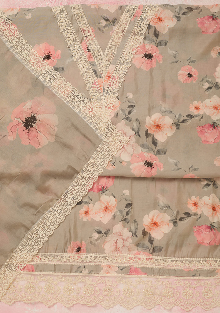 Light Grey Crepe Floral Threadwork Unstitched Dress Material With Matching Bottom And Dupatta