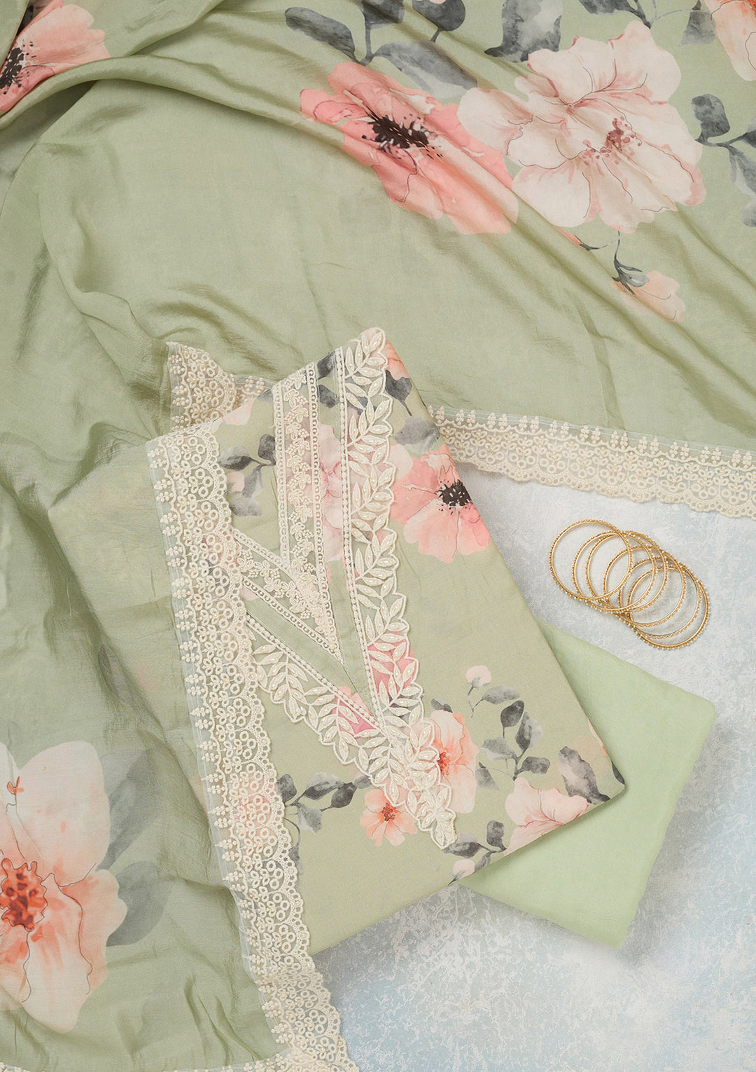 Pista Green Crepe Floral Threadwork Unstitched Dress Material With Matching Bottom And Dupatta
