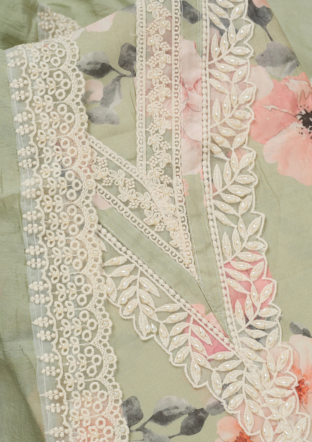 Pista Green Crepe Floral Threadwork Unstitched Dress Material With Matching Bottom And Dupatta