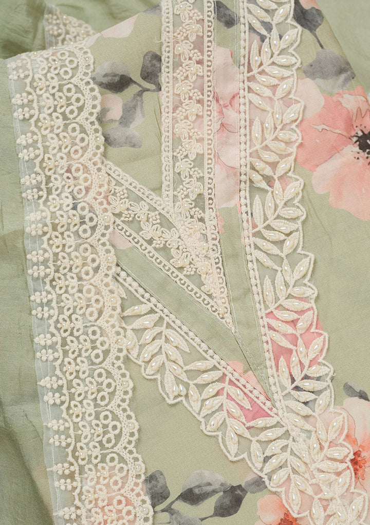 Pista Green Crepe Floral Threadwork Unstitched Dress Material With Matching Bottom And Dupatta