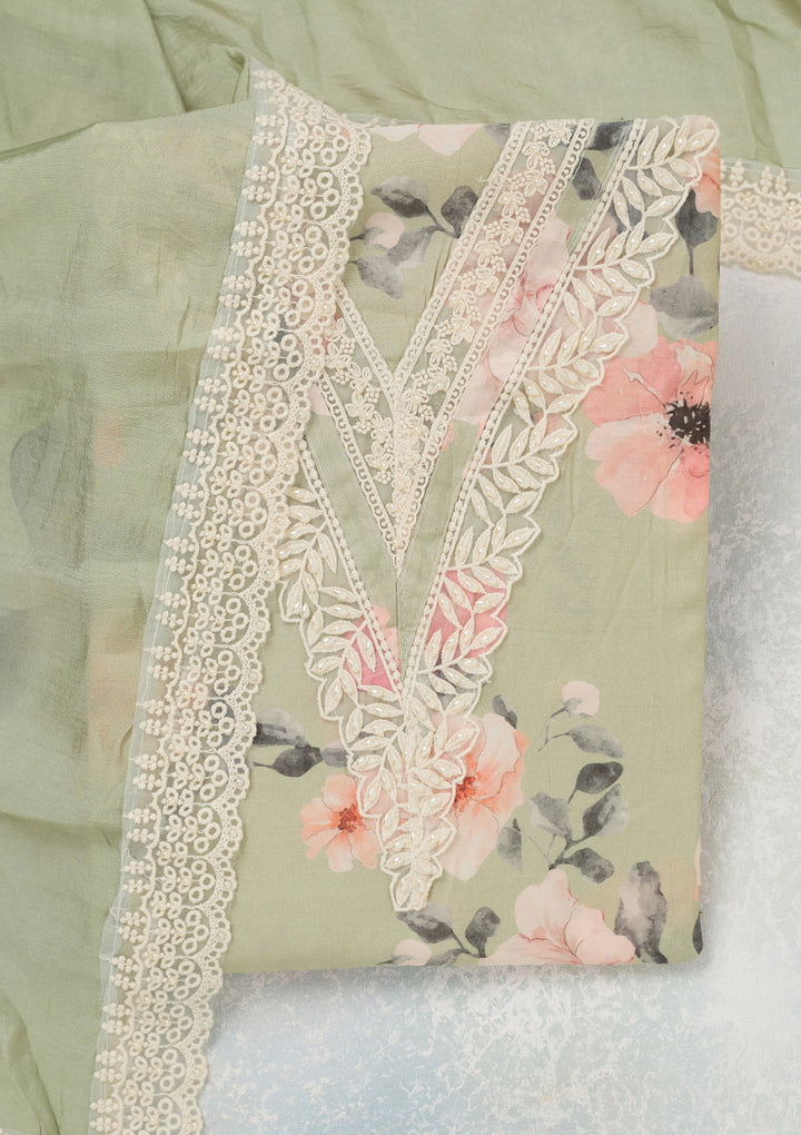 Pista Green Crepe Floral Threadwork Unstitched Dress Material With Matching Bottom And Dupatta