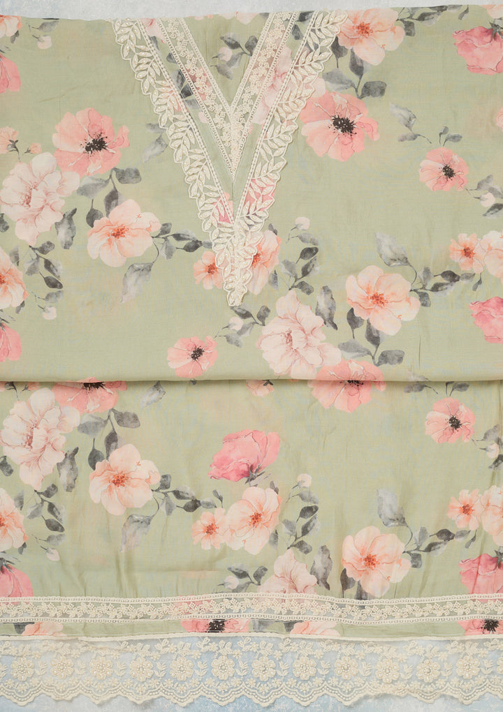 Pista Green Crepe Floral Threadwork Unstitched Dress Material With Matching Bottom And Dupatta