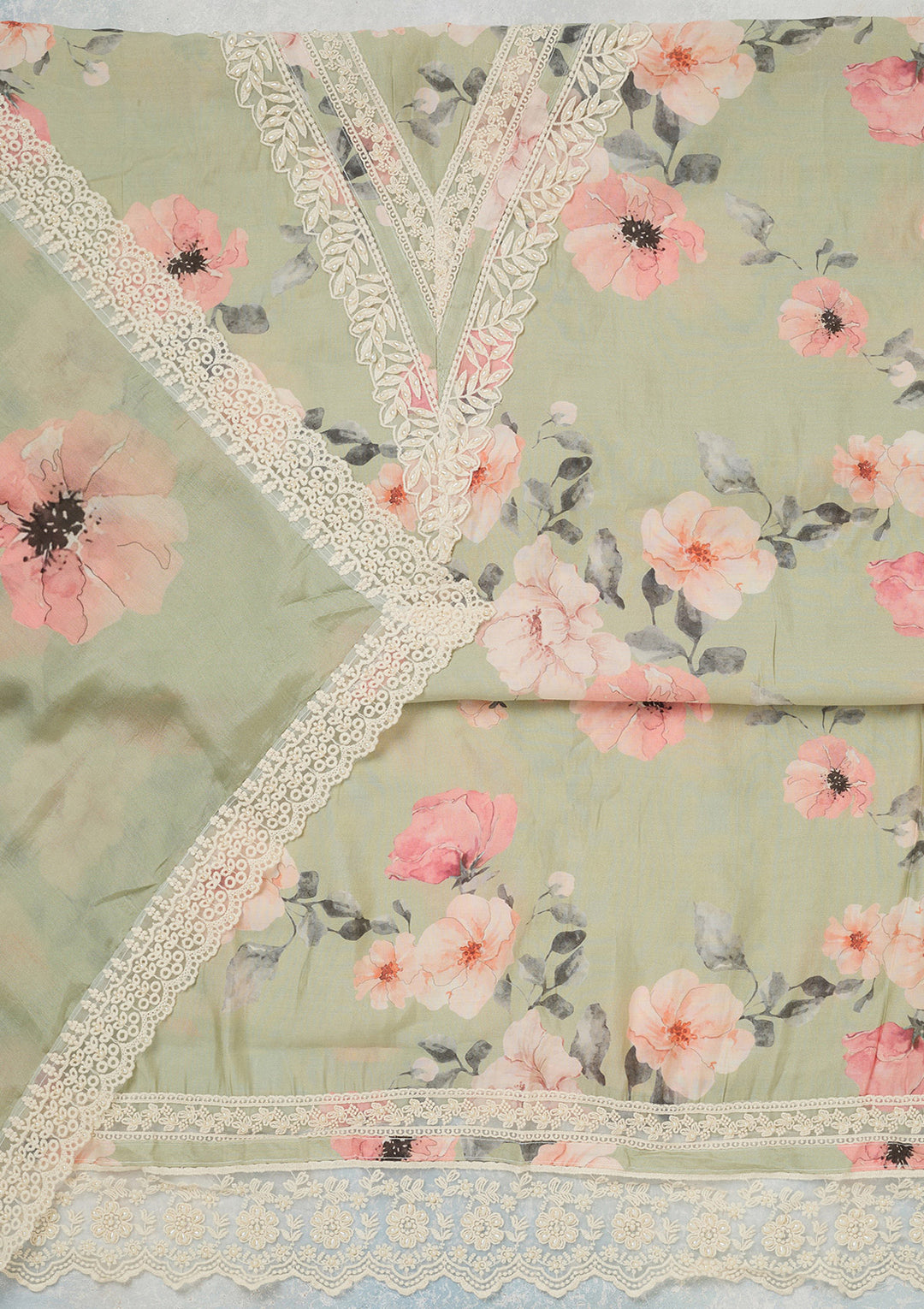 Pista Green Crepe Floral Threadwork Unstitched Dress Material With Matching Bottom And Dupatta