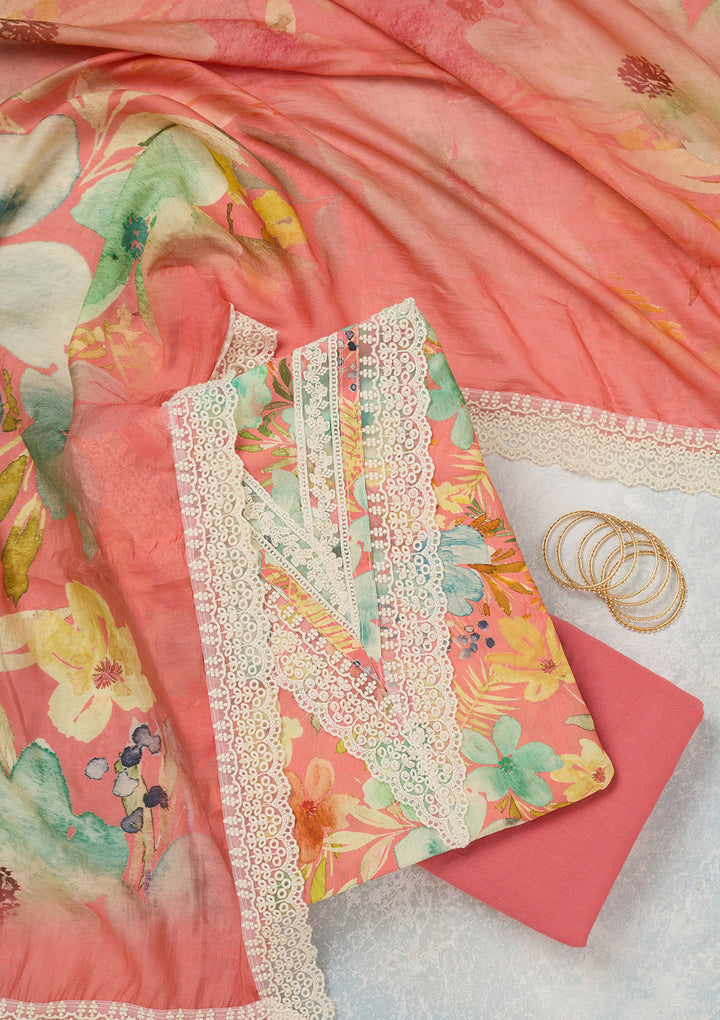 Peach Multi Crepe Floral Threadwork Unstitched Dress Material With Matching Bottom And Dupatta
