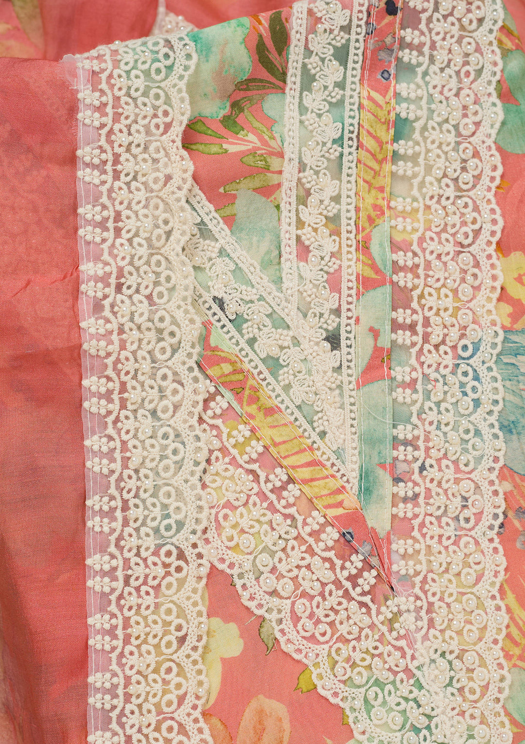 Peach Multi Crepe Floral Threadwork Unstitched Dress Material With Matching Bottom And Dupatta