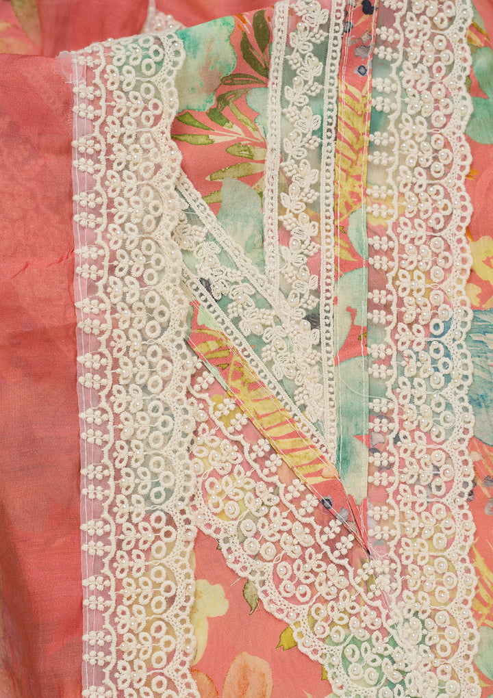 Peach Multi Crepe Floral Threadwork Unstitched Dress Material With Matching Bottom And Dupatta