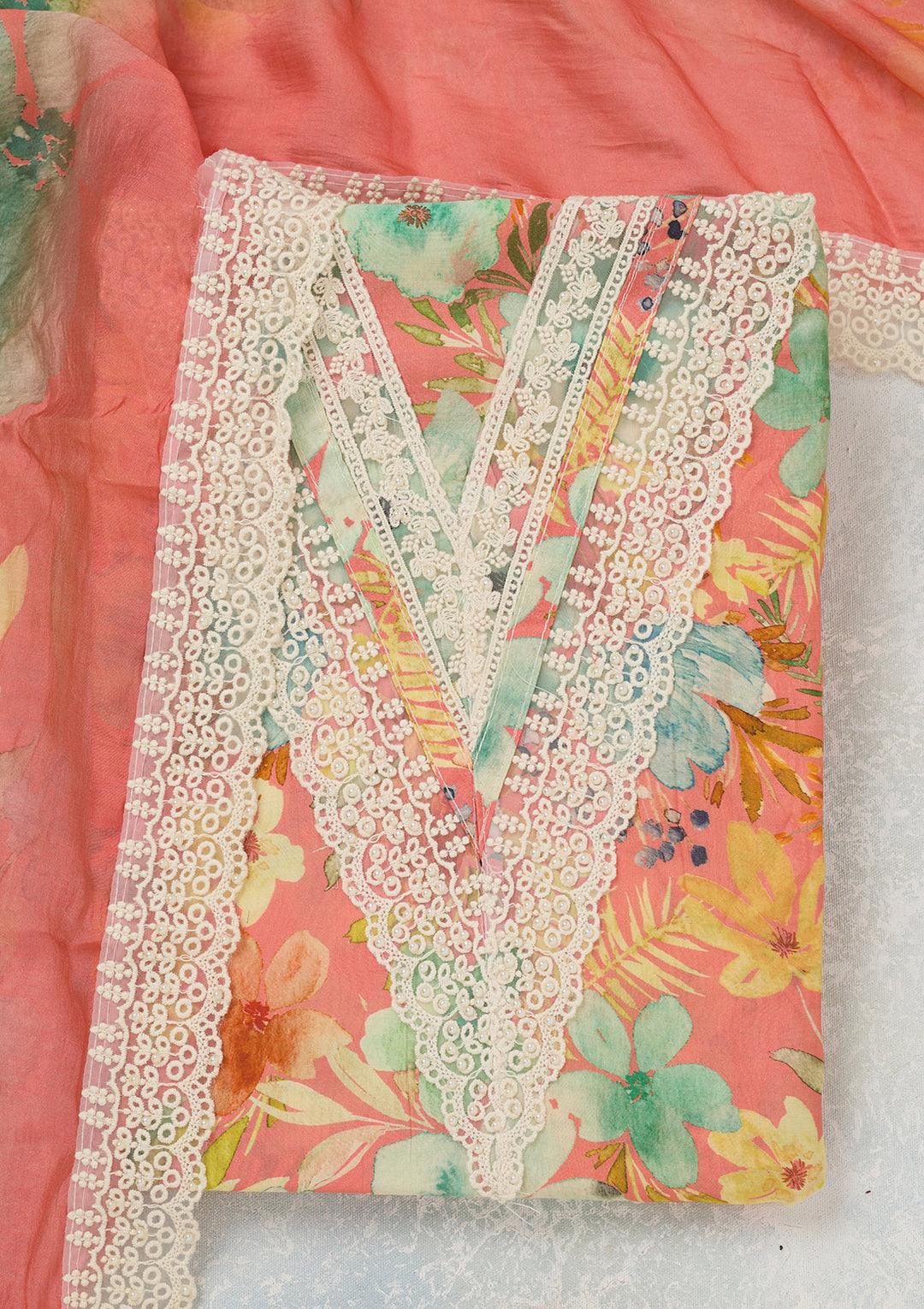 Peach Multi Crepe Floral Threadwork Unstitched Dress Material With Matching Bottom And Dupatta