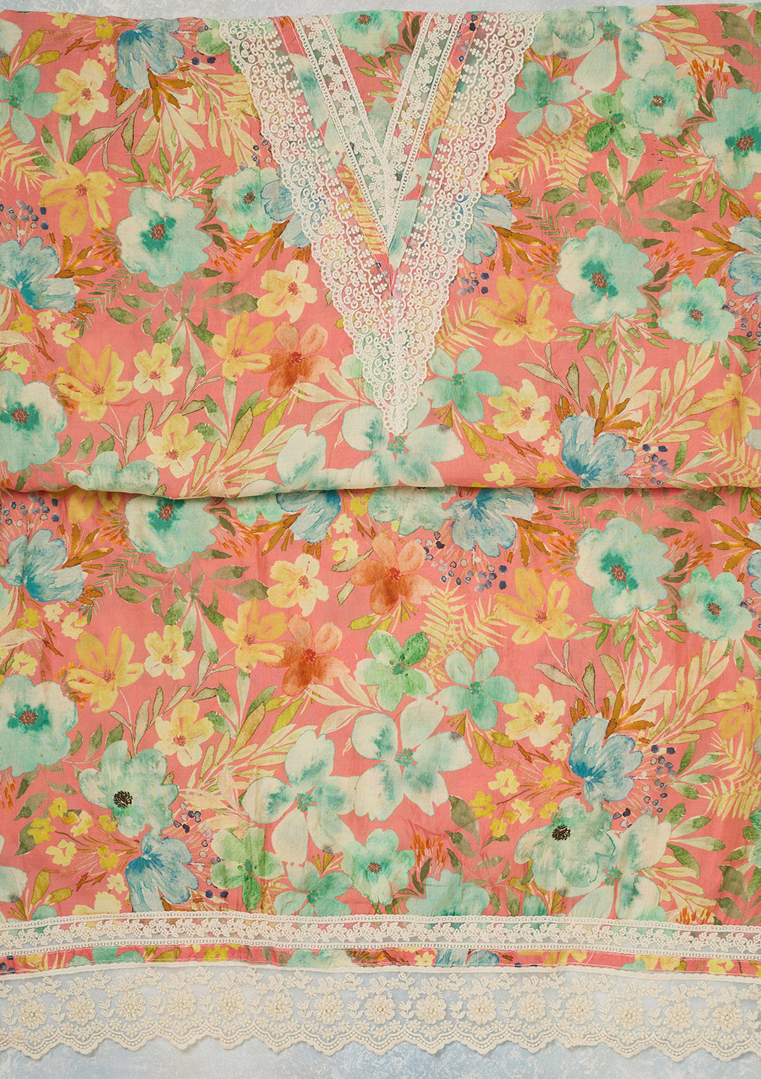 Peach Multi Crepe Floral Threadwork Unstitched Dress Material With Matching Bottom And Dupatta