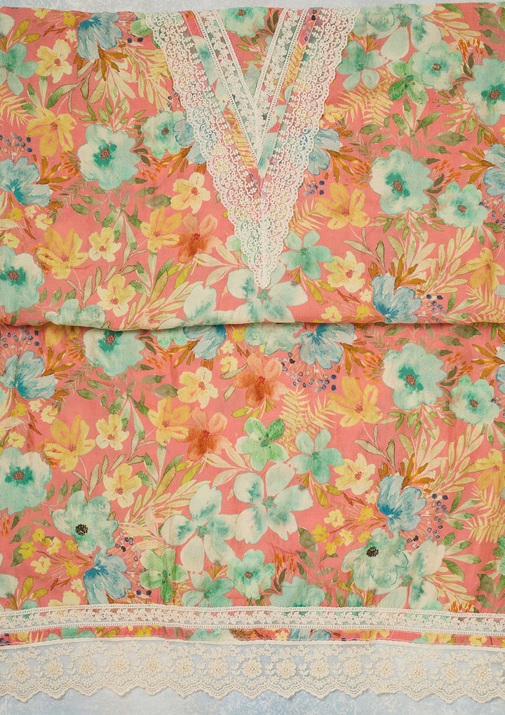 Peach Multi Crepe Floral Threadwork Unstitched Dress Material With Matching Bottom And Dupatta