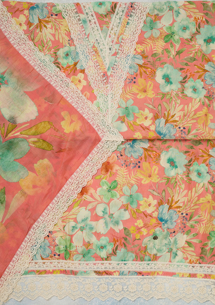 Peach Multi Crepe Floral Threadwork Unstitched Dress Material With Matching Bottom And Dupatta