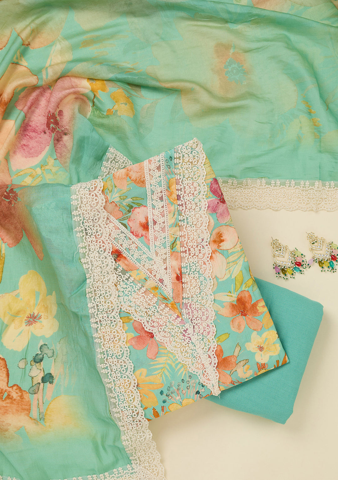 Sea Green Multi Crepe Floral Threadwork Unstitched Dress Material With Matching Bottom And Dupatta