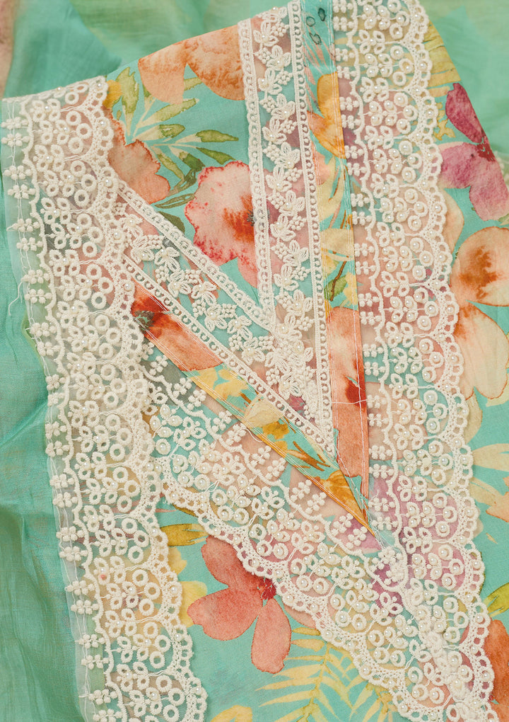 Sea Green Multi Crepe Floral Threadwork Unstitched Dress Material With Matching Bottom And Dupatta