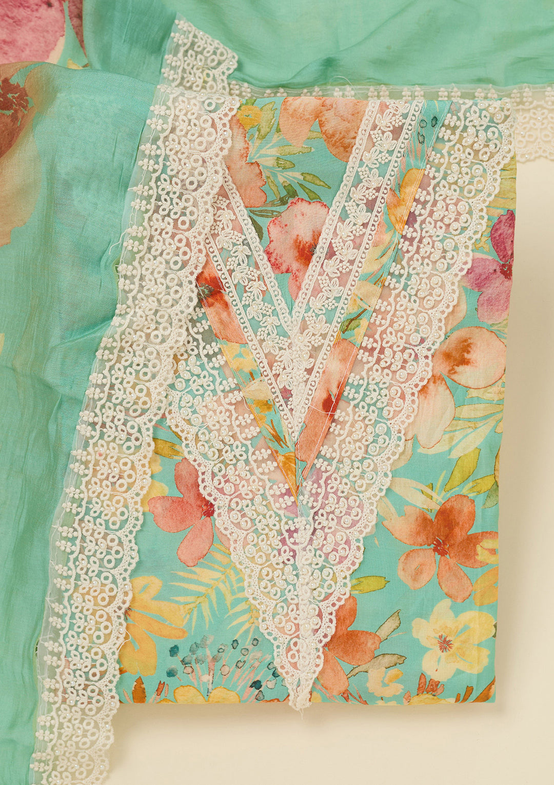 Sea Green Multi Crepe Floral Threadwork Unstitched Dress Material With Matching Bottom And Dupatta