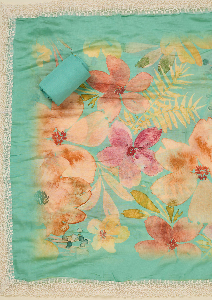 Sea Green Multi Crepe Floral Threadwork Unstitched Dress Material With Matching Bottom And Dupatta