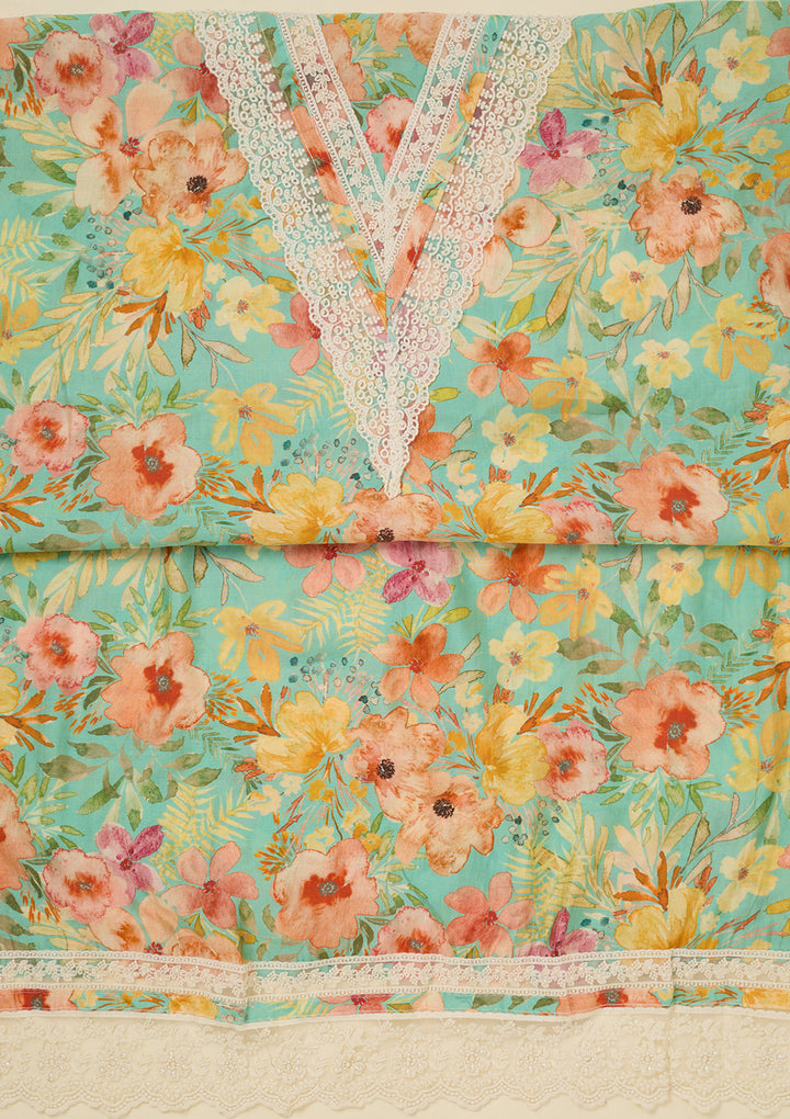 Sea Green Multi Crepe Floral Threadwork Unstitched Dress Material With Matching Bottom And Dupatta