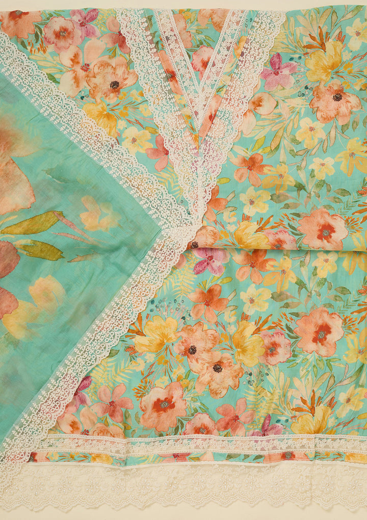 Sea Green Multi Crepe Floral Threadwork Unstitched Dress Material With Matching Bottom And Dupatta