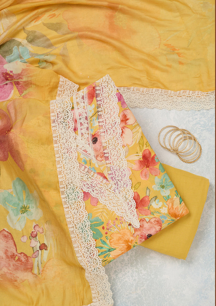 Yellow Multi Crepe Floral Threadwork Unstitched Dress Material With Matching Bottom And Dupatta