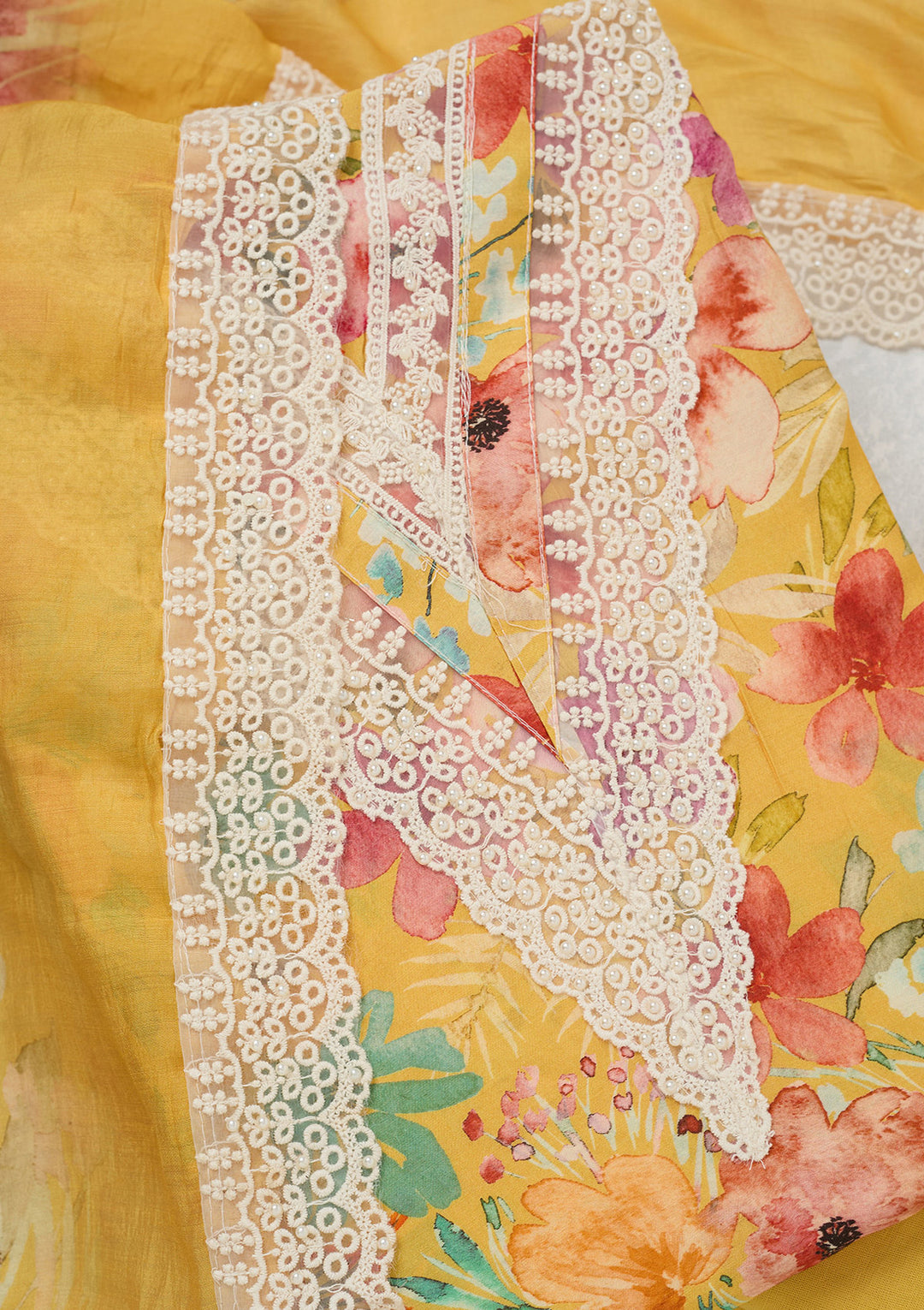 Yellow Multi Crepe Floral Threadwork Unstitched Dress Material With Matching Bottom And Dupatta