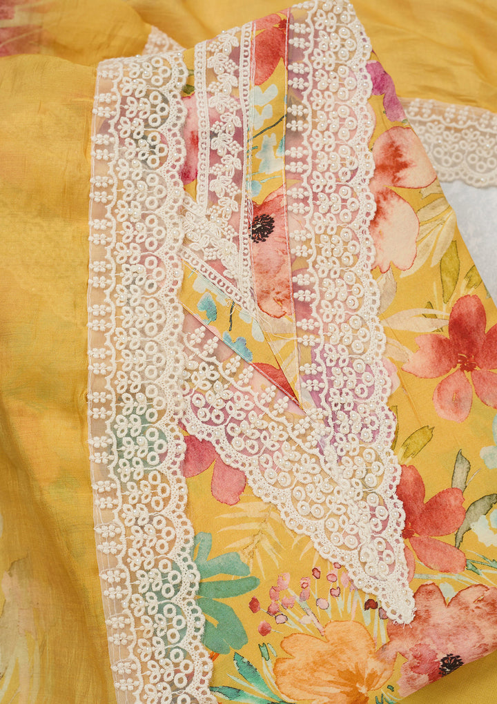 Yellow Multi Crepe Floral Threadwork Unstitched Dress Material With Matching Bottom And Dupatta