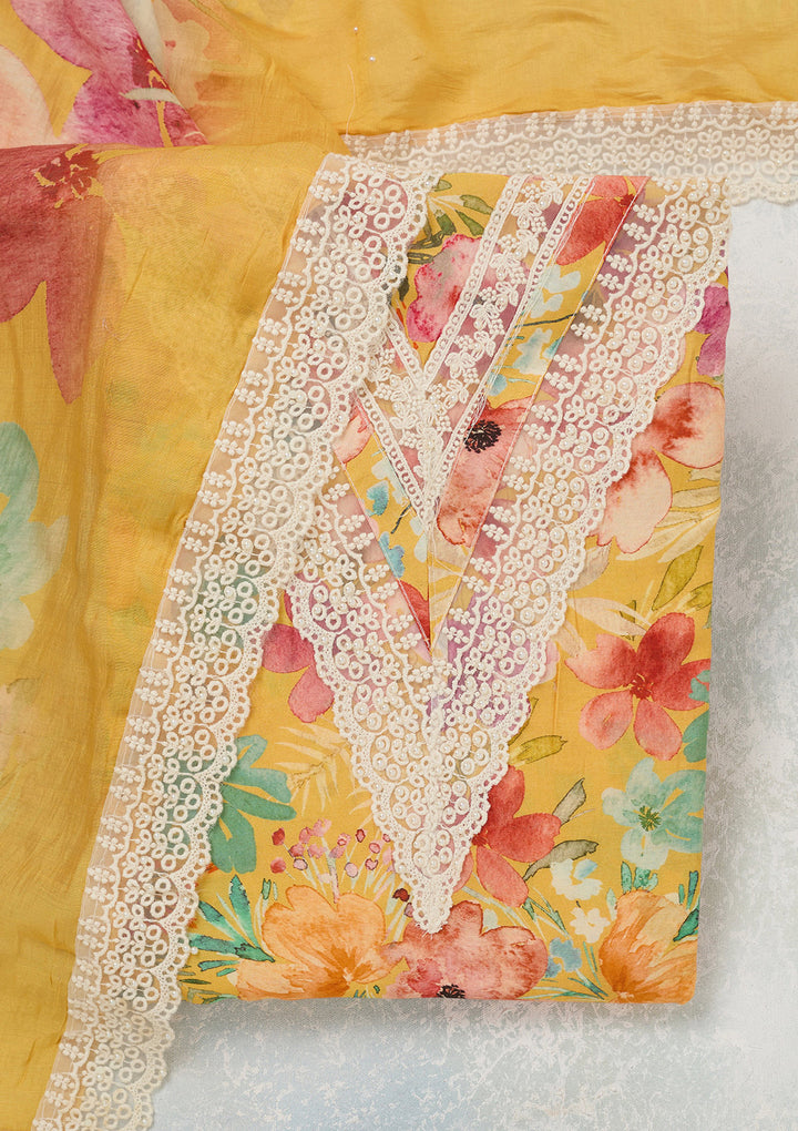Yellow Multi Crepe Floral Threadwork Unstitched Dress Material With Matching Bottom And Dupatta