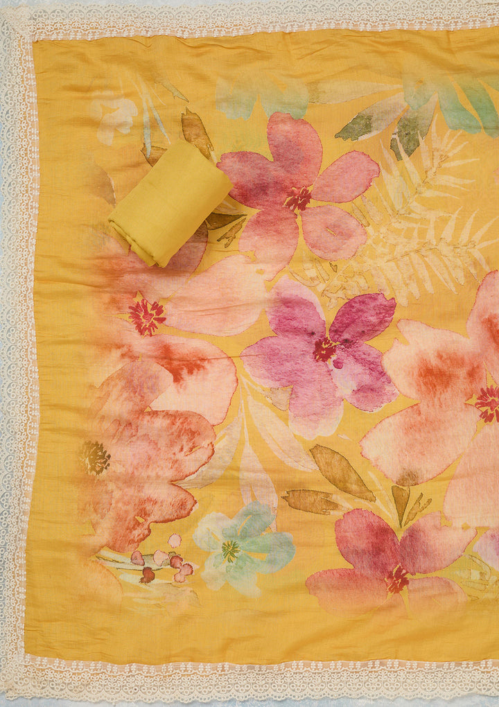 Yellow Multi Crepe Floral Threadwork Unstitched Dress Material With Matching Bottom And Dupatta