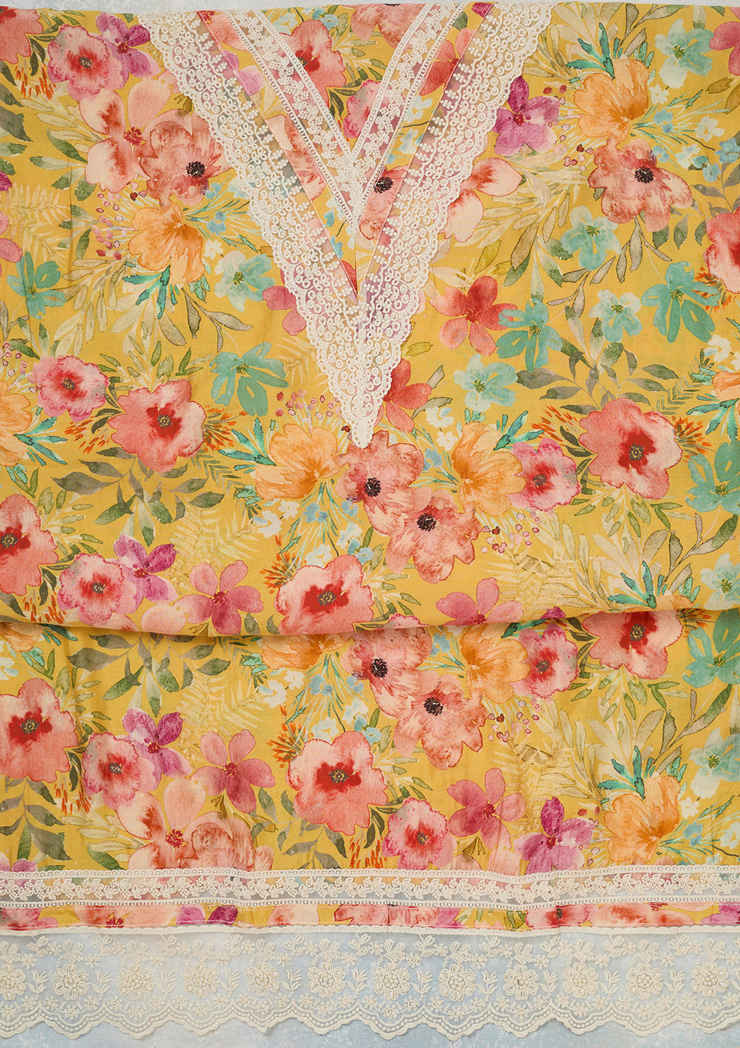 Yellow Multi Crepe Floral Threadwork Unstitched Dress Material With Matching Bottom And Dupatta