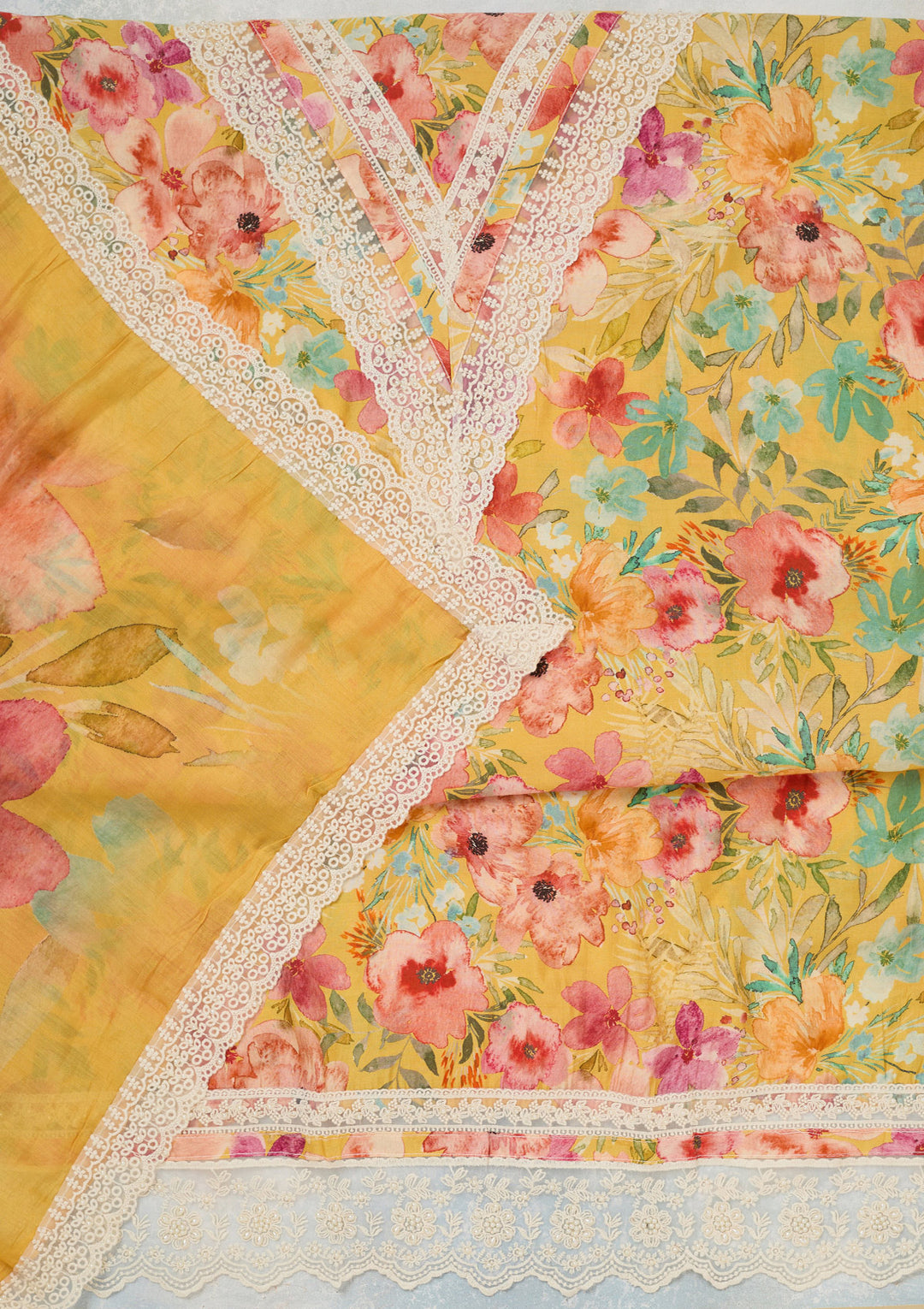 Yellow Multi Crepe Floral Threadwork Unstitched Dress Material With Matching Bottom And Dupatta