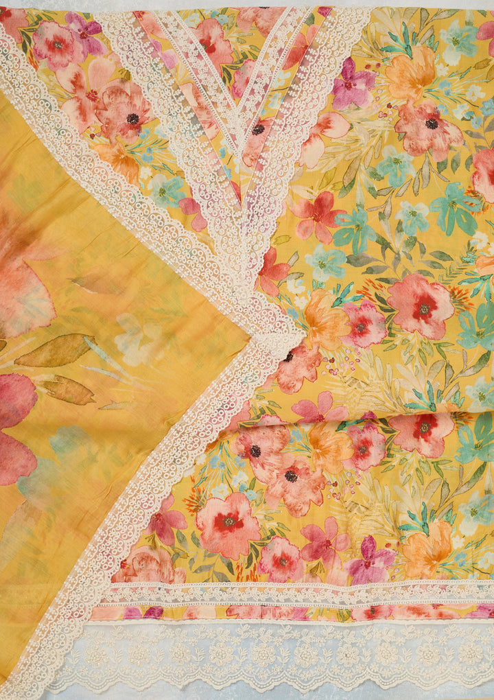 Yellow Multi Crepe Floral Threadwork Unstitched Dress Material With Matching Bottom And Dupatta