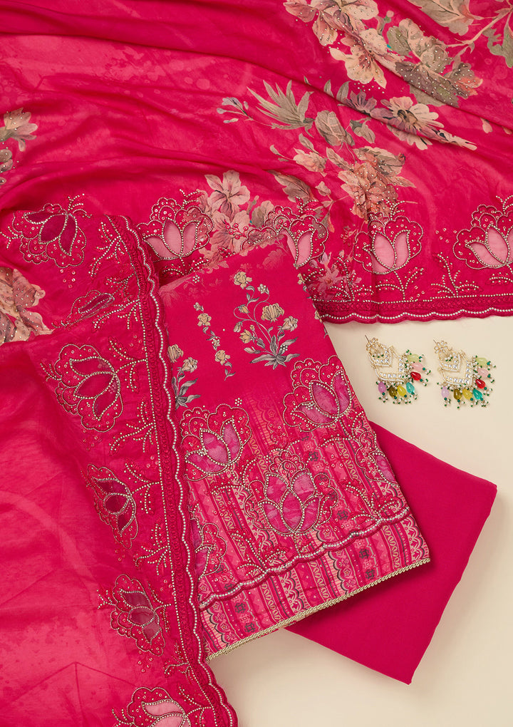 Rani Pink Crepe Floral Swarovski Unstitched Dress Material With Matching Bottom And Dupatta