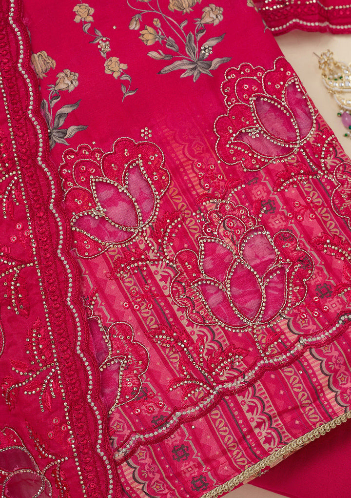 Rani Pink Crepe Floral Swarovski Unstitched Dress Material With Matching Bottom And Dupatta