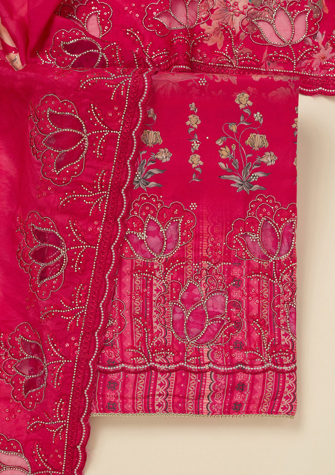 Rani Pink Crepe Floral Swarovski Unstitched Dress Material With Matching Bottom And Dupatta