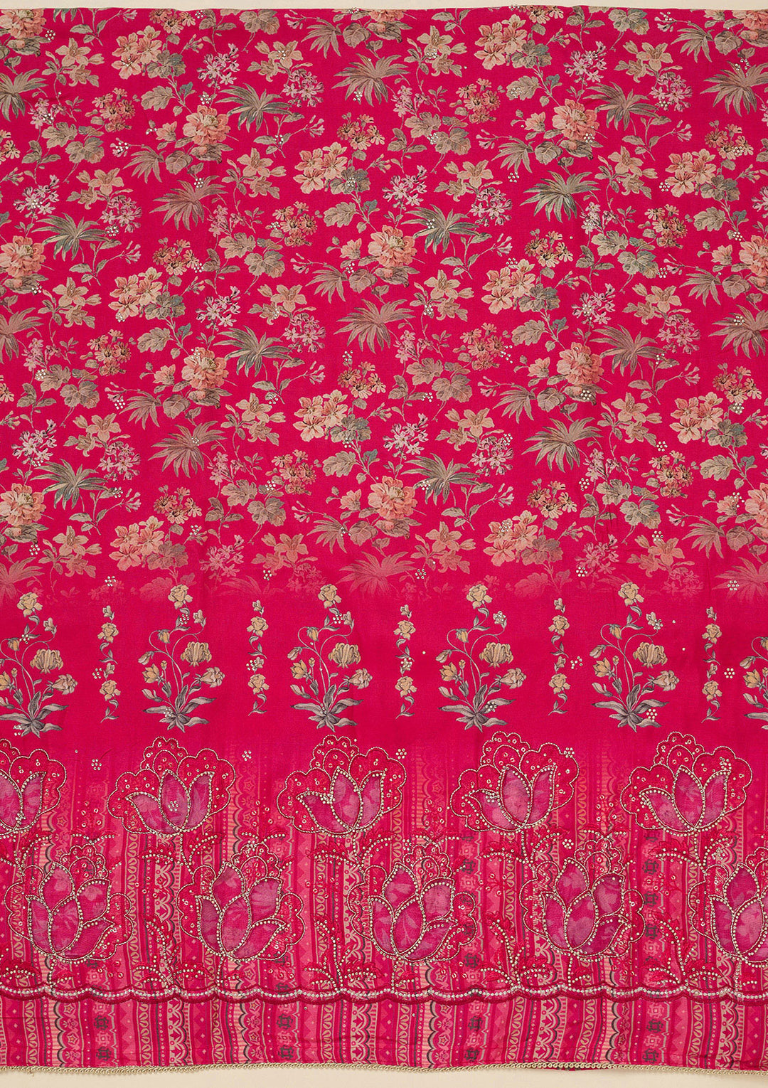 Rani Pink Crepe Floral Swarovski Unstitched Dress Material With Matching Bottom And Dupatta