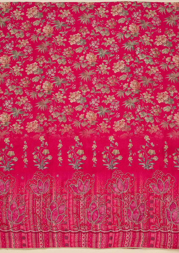 Rani Pink Crepe Floral Swarovski Unstitched Dress Material With Matching Bottom And Dupatta