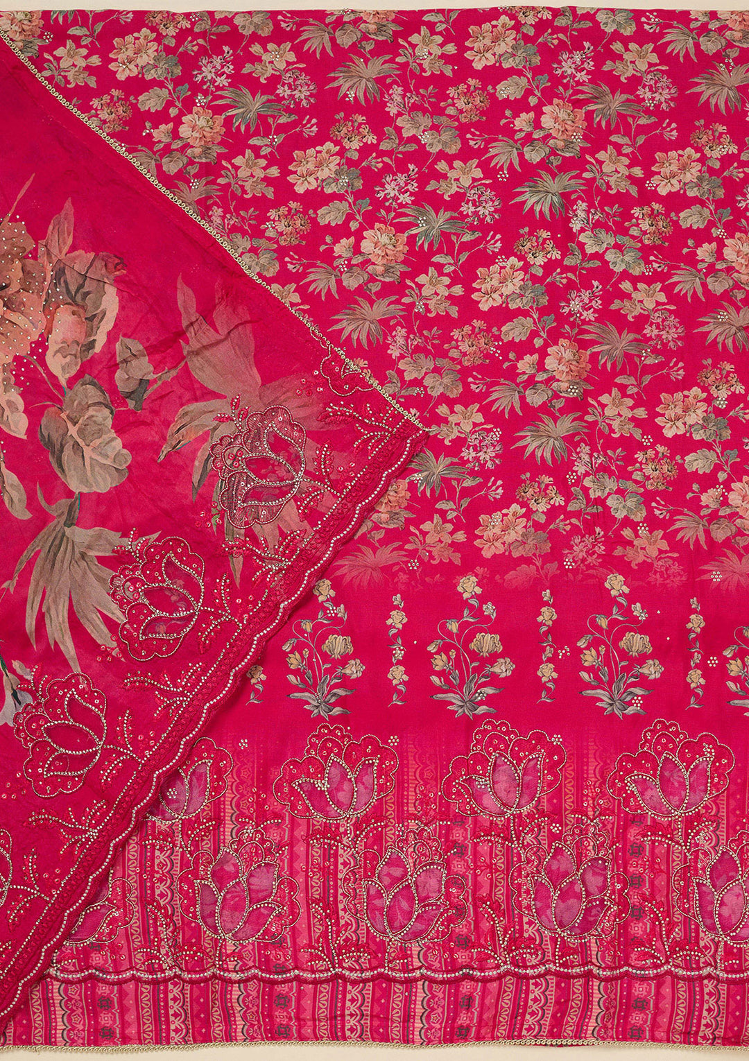 Rani Pink Crepe Floral Swarovski Unstitched Dress Material With Matching Bottom And Dupatta