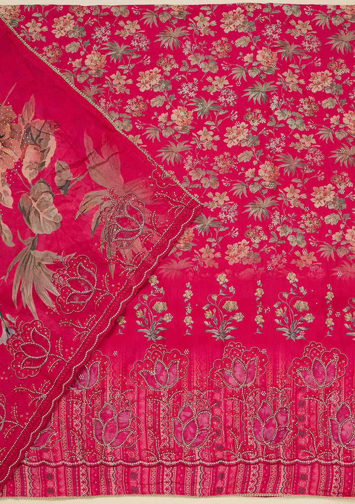 Rani Pink Crepe Floral Swarovski Unstitched Dress Material With Matching Bottom And Dupatta