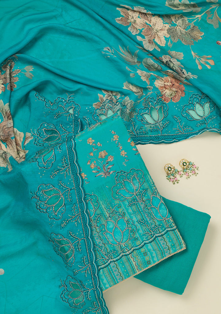 Turquoise Blue Crepe Floral Swarovski Unstitched Dress Material With Matching Bottom And Dupatta