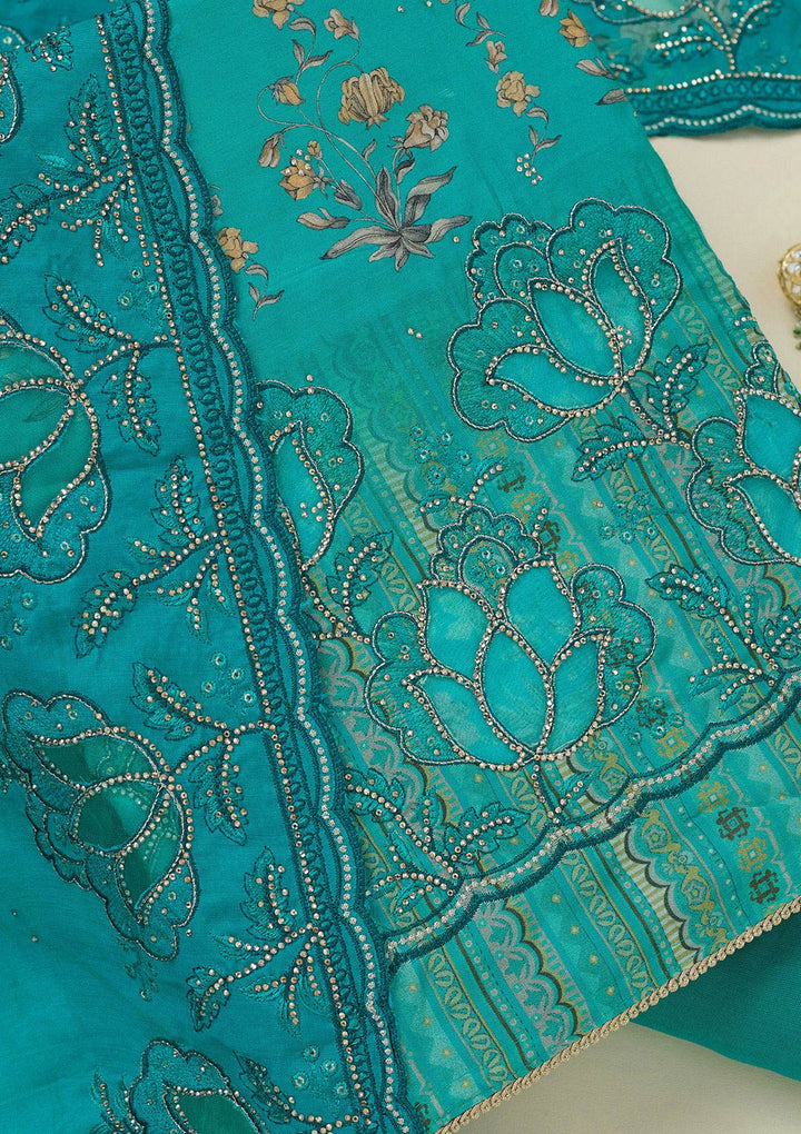 Turquoise Blue Crepe Floral Swarovski Unstitched Dress Material With Matching Bottom And Dupatta