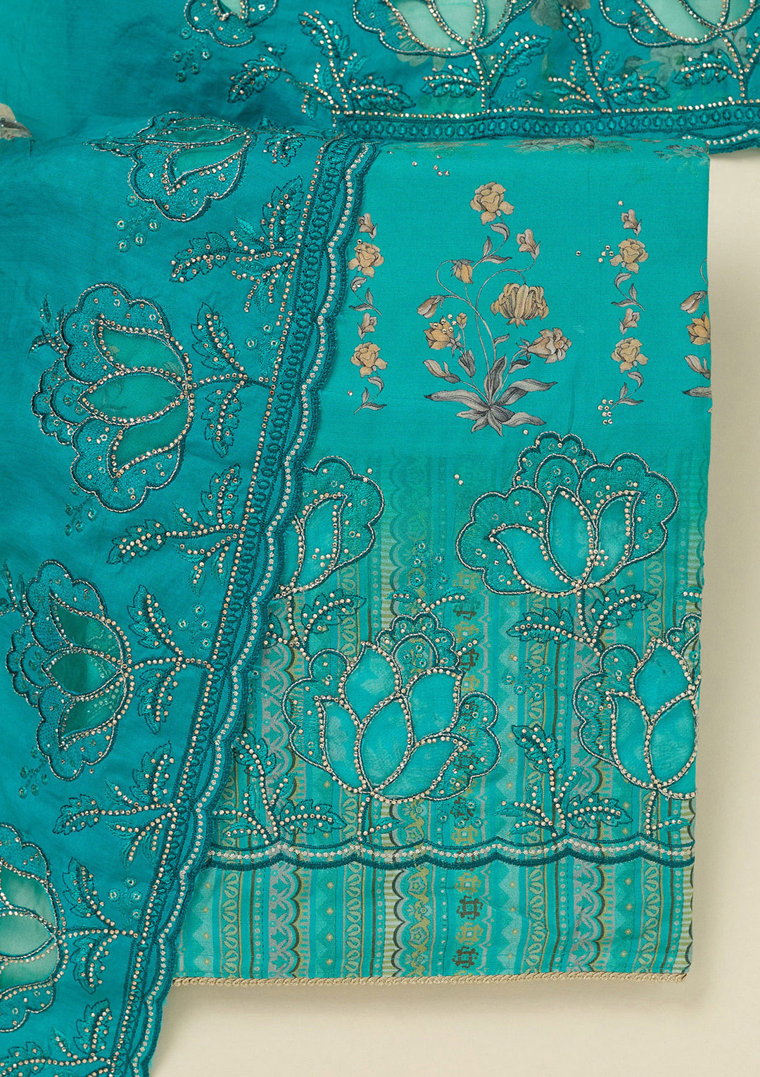 Turquoise Blue Crepe Floral Swarovski Unstitched Dress Material With Matching Bottom And Dupatta