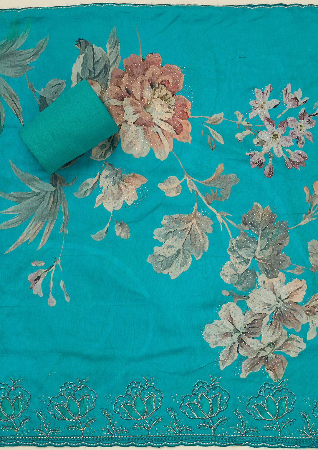 Turquoise Blue Crepe Floral Swarovski Unstitched Dress Material With Matching Bottom And Dupatta