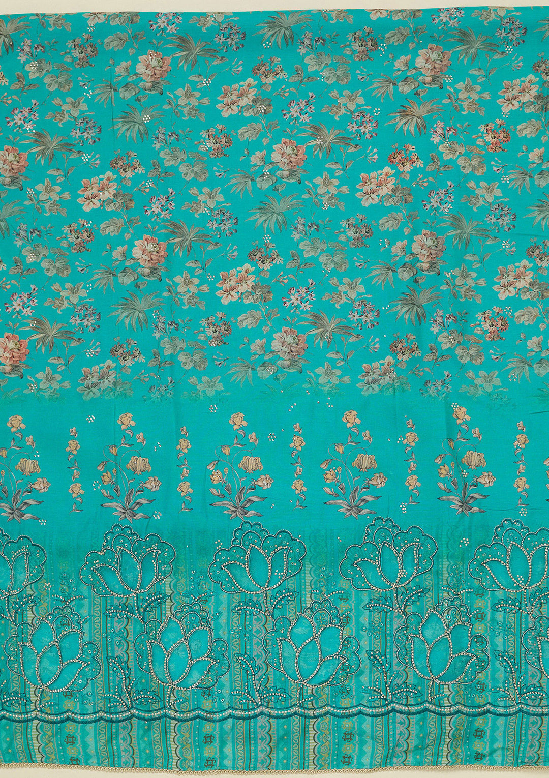 Turquoise Blue Crepe Floral Swarovski Unstitched Dress Material With Matching Bottom And Dupatta
