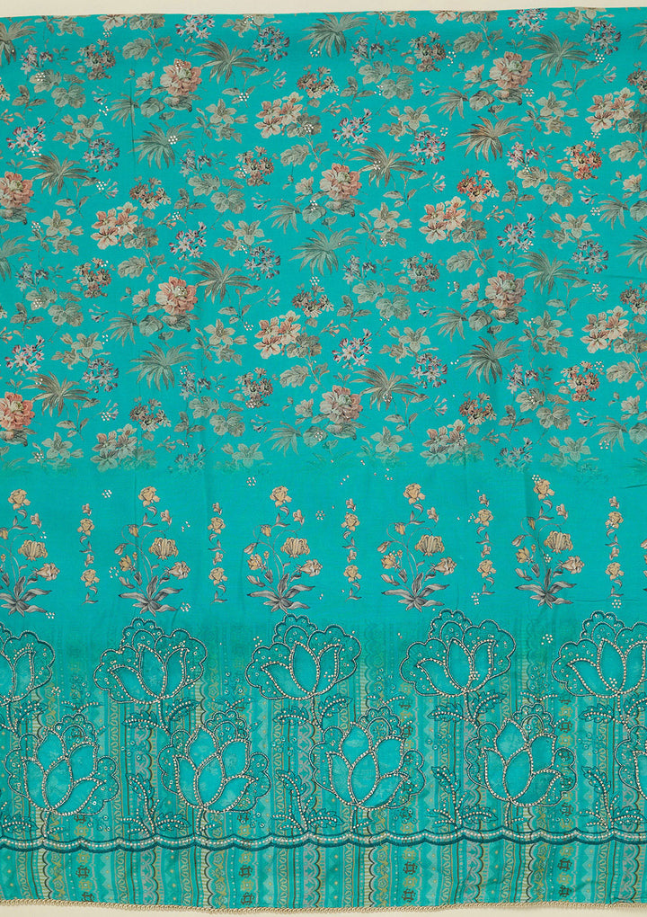 Turquoise Blue Crepe Floral Swarovski Unstitched Dress Material With Matching Bottom And Dupatta