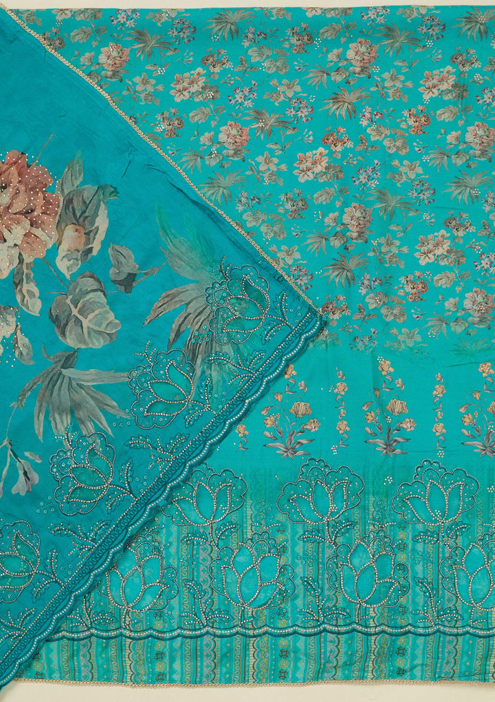 Turquoise Blue Crepe Floral Swarovski Unstitched Dress Material With Matching Bottom And Dupatta