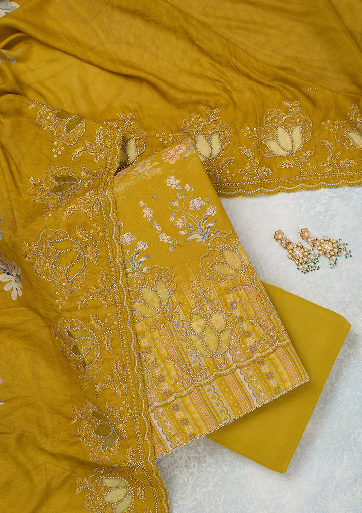 Yellow Stonework (Gold) Crepe Unstitched Salwar Suit