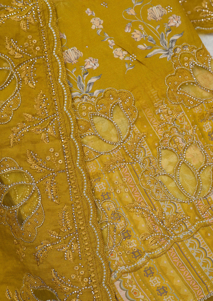 Yellow Stonework (Gold) Crepe Unstitched Salwar Suit