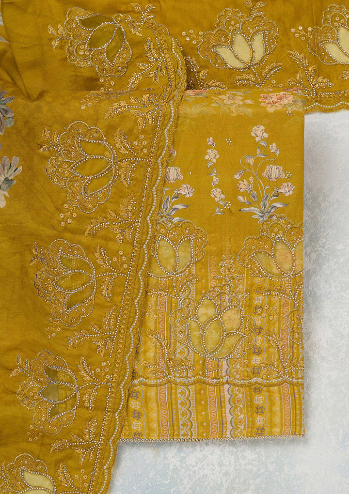 Yellow Stonework (Gold) Crepe Unstitched Salwar Suit