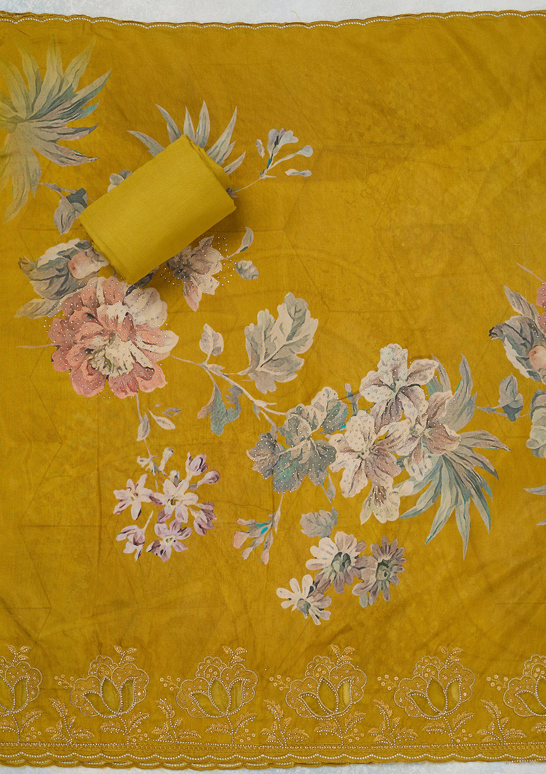 Yellow Stonework (Gold) Crepe Unstitched Salwar Suit